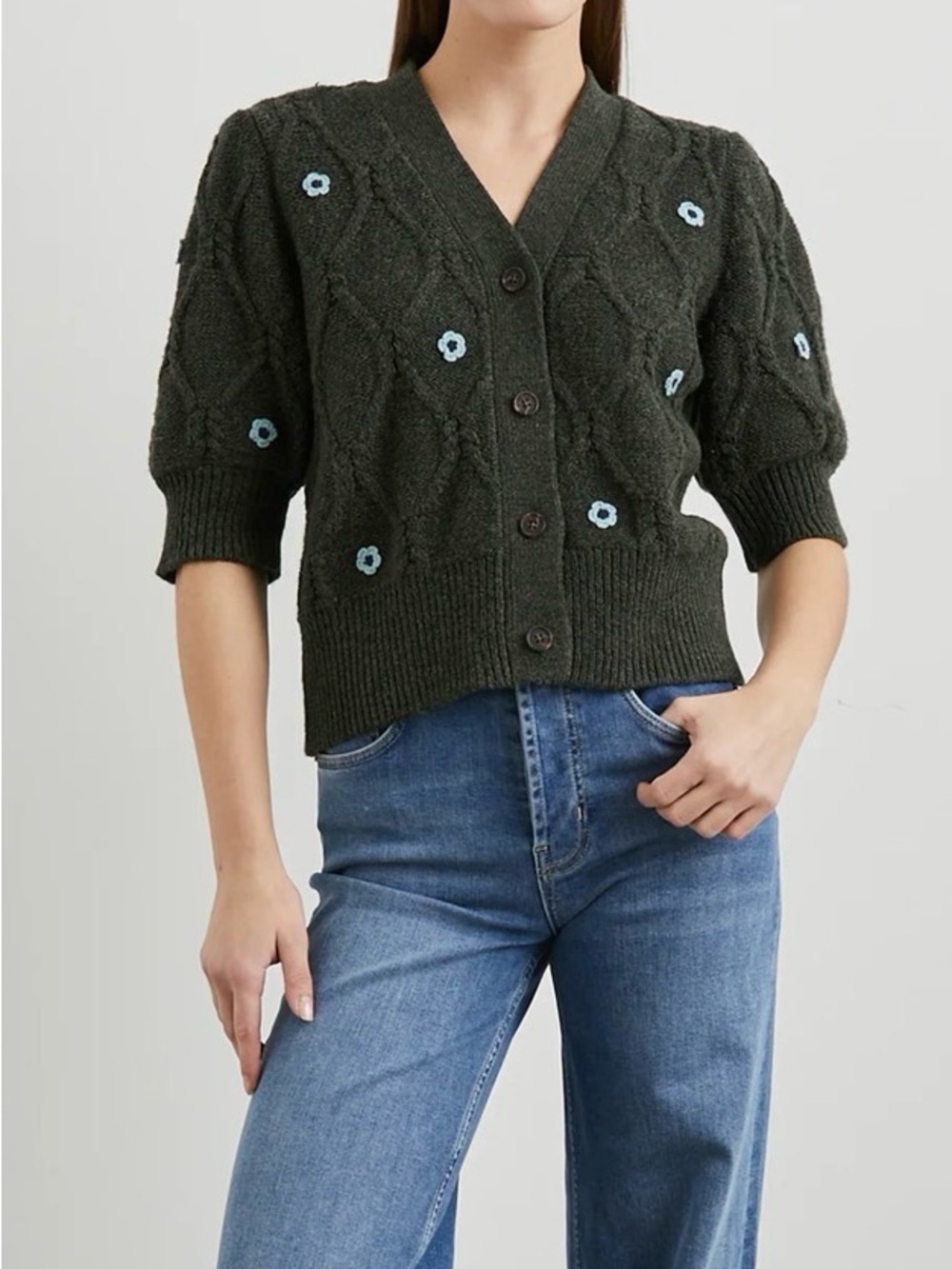 Rails Charcoal Knit Cardigan with Light Blue Floral Embroidery